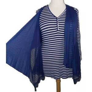 NWT TRUE SELF Womens XL 2Fer Stripes Lace Overlay Nautical Long Sleeve Top Navy